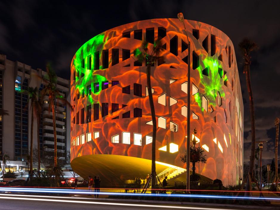 Colourful projections on a cylindrical building