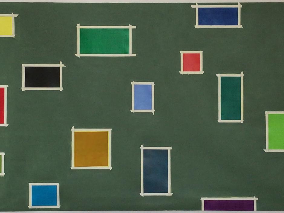 A painting with a green background and different coloured and sized squares and rectangles