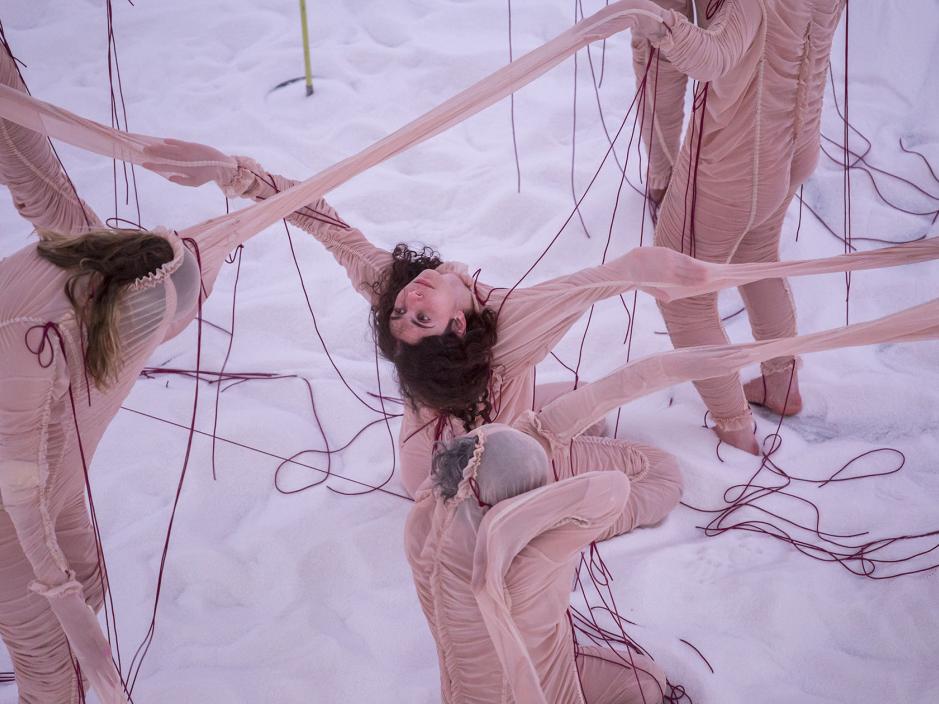 People in nude coloured outfits strapped together