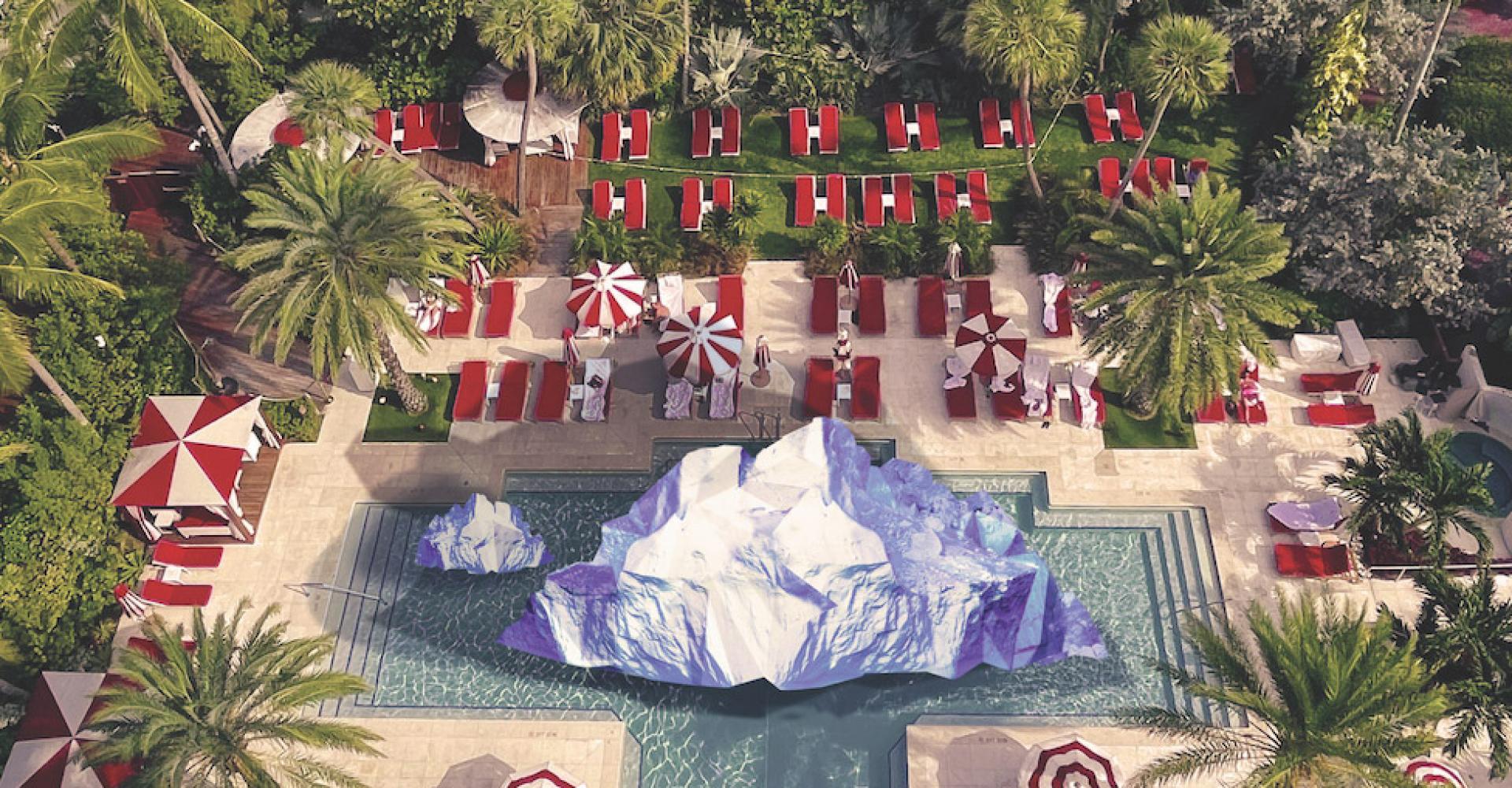 Art Installation of an iceberg in the hotel pool