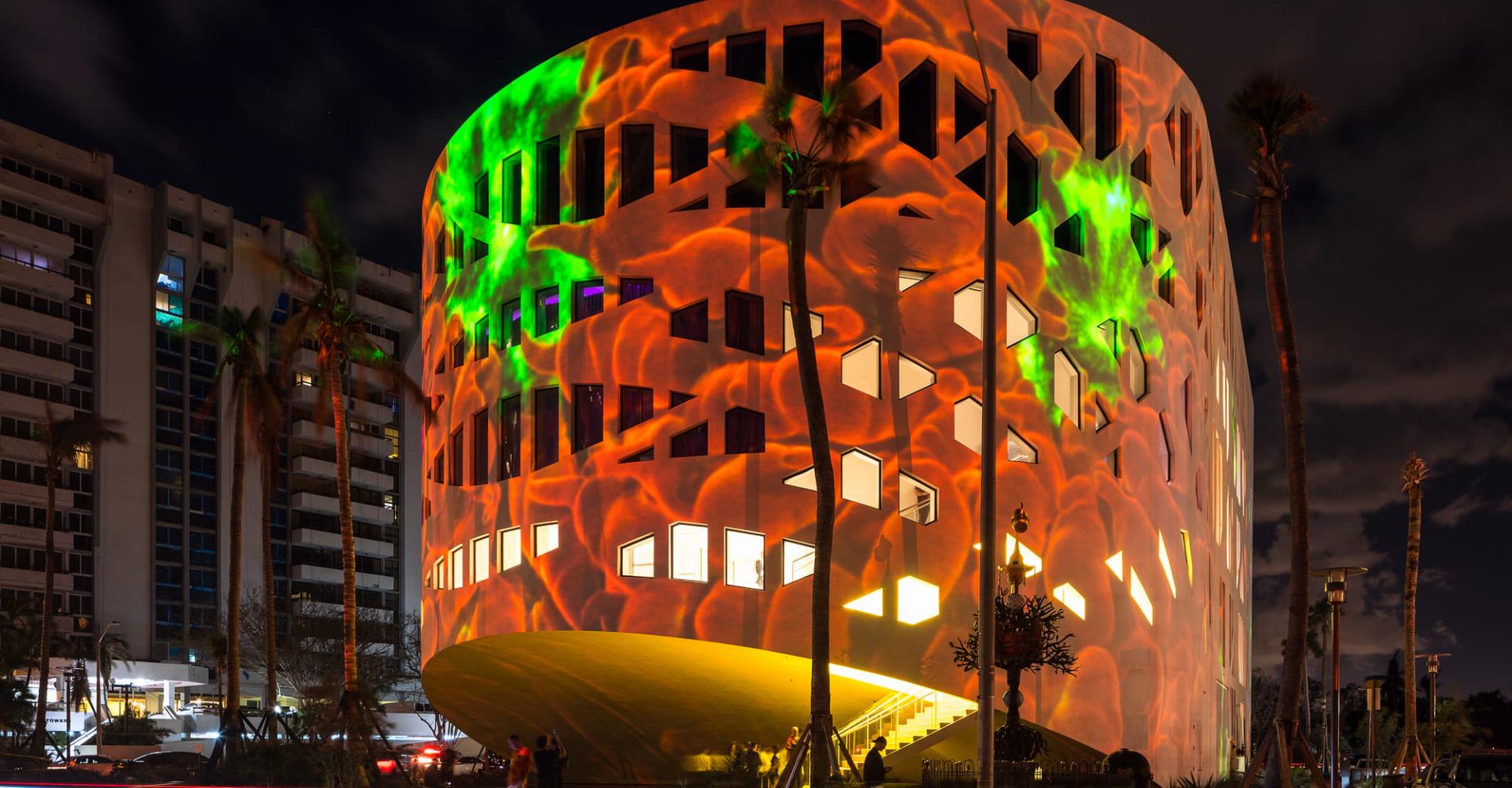 Colourful projections on a cylindrical building